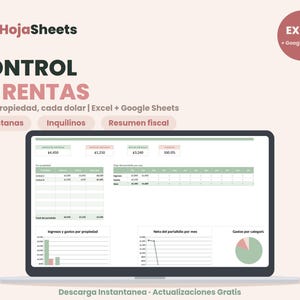 May include: A digital rental property management spreadsheet template displayed on a laptop screen. The interface features the HojaSheets logo, the text CONTROL DE RENTAS, and various financial data tables, bar charts, and a pie chart in green and pink.