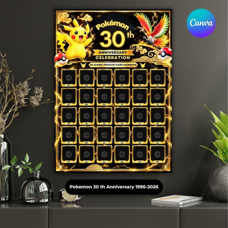 Pokemon 30th Anniversary Poster, Pikachu Trading Card Collection Wall ...