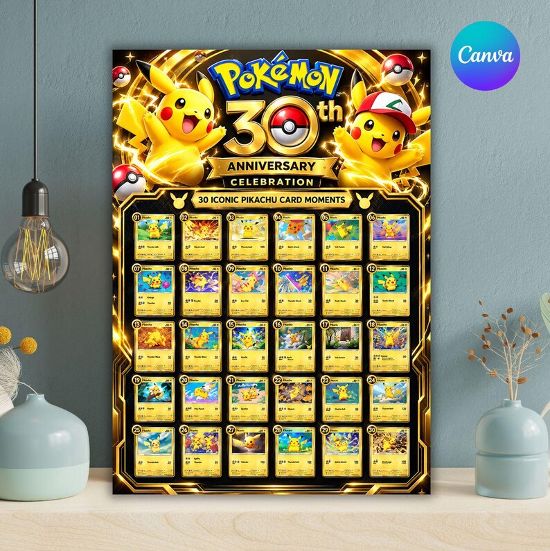 Pokemon 30th Anniversary Poster, Pikachu Trading Card Collection Wall ...