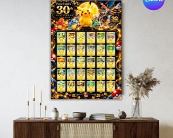 Könnte beinhalten: Ein vertikales Poster zur Feier des 30-jährigen Pokémon-Jubiläums 1996-2026. Das Design zeigt ein großes Pikachu oben, umgeben von verschiedenen Pokémon-Charakteren und einem Raster aus dreißig einzelnen Sammelkarten-Illustrationen.