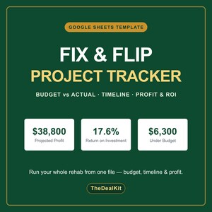 Op de afbeelding: Een donkergroene Google Sheets-sjabloon voor een Fix & Flip-projecttracker. Het toont Budget vs Werkelijk, Tijdlijn, Winst & ROI. Drie witte vakken tonen $38.800 verwachte winst, 17,6% rendement op investering en $6.300 onder budget. Tekst: TheDealKit.