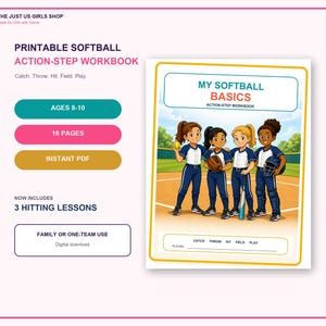 Può includere: Un quaderno di esercizi di softball stampabile intitolato My Softball Basics. La copertina presenta un'illustrazione di quattro giocatrici su un campo. Il testo include Catch, Throw, Hit, Field, Play, Ages 8-10, 16 Pages, Instant PDF e 3 Hitting Lessons.