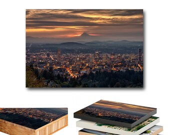 Ghost Mountain Portland, Oregon Sunrise Art Mounted Standout Print, 3/4" Standout, Cityscape Sunrise Portland with Mt. Hood, Oregon Gift