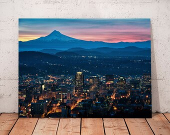 Cityscape Metal Print, Sunrise with Mt. Hood and Portland, Oregon, A Fine Art Print on Aluminum, Landscape Photo with Mount Hood and PDX