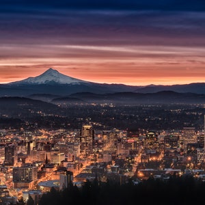 Portland Sunrise from Pittock Mansion with Mt Hood and the lights of PDX, A Modern Art Print of a Long Exposure Photo, Unique Oregon Artwork