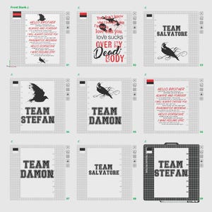 May include: A collection of nine white planner inserts featuring black and red graphic designs. The prints include text quotes, crow illustrations, and team names like Team Salvatore, Team Stefan, and Team Damon in bold, block-style typography.