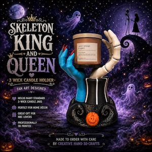 May include: A 3-wick candle holder featuring a blue skeletal hand and a white skeletal hand emerging from a black and white striped base with a small orange jack-o'-lantern. The holder supports a brown candle jar labelled Sweet Orange & Agave.