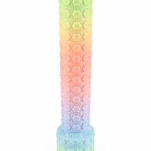 May include: A cylindrical object with a gradient color transition from light green at the top to yellow, orange, pink, purple, and light blue at the base. The surface features a raised hexagonal pattern and the text "Dog Show Shop" at the base.
