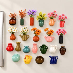 Peut inclure: Une collection de vingt-trois aimants en forme de vases miniatures en céramique disposés sur une porte de réfrigérateur. L'ensemble comprend diverses formes, comme des pichets, des cruches et des pots ronds, dans des couleurs comme le rouge, le bleu, le vert, le jaune, le rose et le marron, certains contenant des fleurs artificielles.