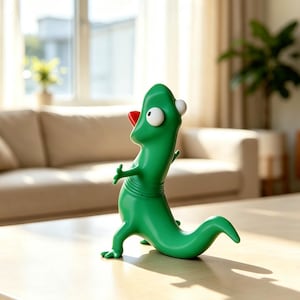 May include: A green lizard figurine with a smooth, glossy finish, featuring large white eyes with black pupils, a small red tongue protruding from its mouth, and a curved tail. The creature stands in an upright, dynamic pose with arms extended.