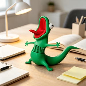 May include: A green lizard-shaped desk accessory with a wide-open mouth, a red interior, a protruding red tongue, and a single white eye. The figure features a coiled spring midsection, four small limbs, and a long, curved tail extending outward.