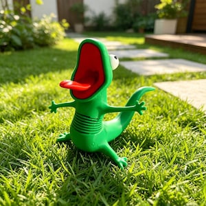 May include: A bright green lizard figurine with a wide-open mouth, a prominent red tongue, and a single visible white eye. The creature has a textured body with horizontal ridges on its torso, four splayed limbs, and a long, curved tail.