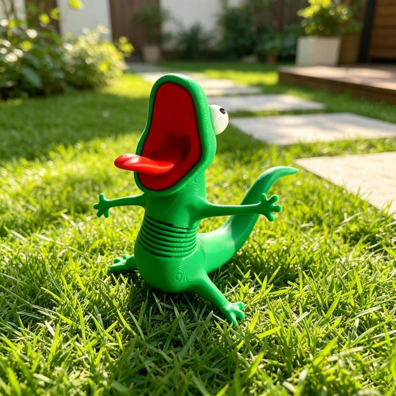 May include: A bright green lizard figurine with a wide-open mouth, a prominent red tongue, and a single visible white eye. The creature has a textured body with horizontal ridges on its torso, four splayed limbs, and a long, curved tail.