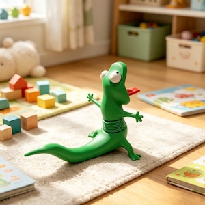 May include: A green plastic lizard toy with a long tail, wide-set white eyes, and a red tongue sticking out. The lizard has a segmented, spring-like midsection, small arms extended outward, and is positioned in a standing pose on a textured surface.