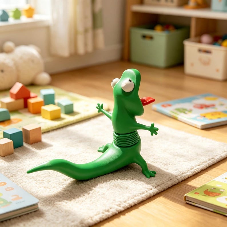 May include: A green plastic lizard toy with a long tail, wide-set white eyes, and a red tongue sticking out. The lizard has a segmented, spring-like midsection, small arms extended outward, and is positioned in a standing pose on a textured surface.