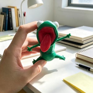 May include: A green frog-shaped squeeze toy with large white eyes, a wide-open mouth, and a long red tongue protruding outward. The toy features a flexible, accordion-style neck and four splayed limbs, designed to be held and compressed by hand.