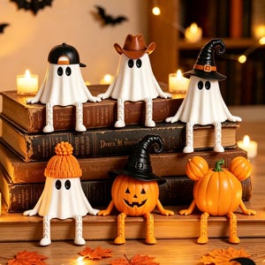 May include: A collection of six small decorative figures featuring four white ghosts and two orange pumpkins. The ghosts wear a black baseball cap, a brown cowboy hat, a black witch hat, and an orange knit beanie. The pumpkins wear a black witch hat.