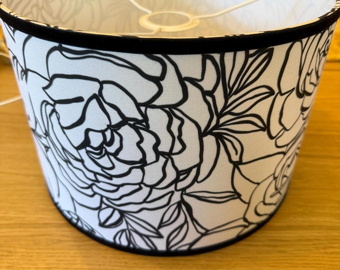 Floral White Black Fabric Drum Lampshade Custom | made in USA