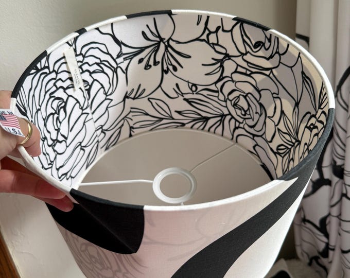 Modern Floral White Black  Lampshade Custom | Double sided | made in USA