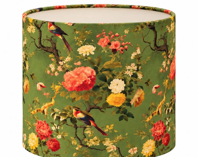 Chinoiserie Floral Green Drum Lampshade Satin Custom | made in USA