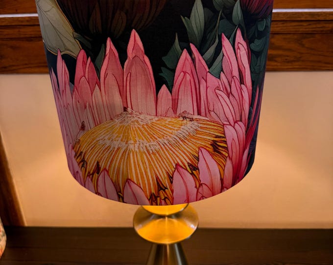 Protea Floral Fabric Drum Lampshade | Custom | made in USA | gold or white inside