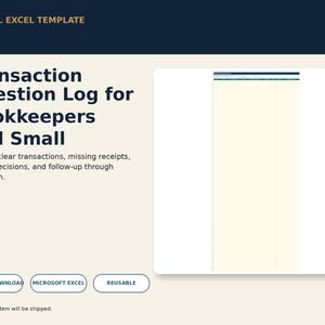 Pode incluir: Um modelo digital do Excel intitulado Transaction Question Log for Bookkeepers and Small. O layout inclui texto para rastrear transações pouco claras, recibos em falta e decisões de codificação, com botões para download instantâneo.