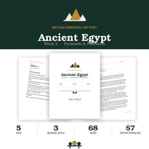 May include: A multi-age homeschool unit study titled Ancient Egypt Week 2 Pyramids & Pharaohs. The document features a gold and white pyramid icon, text detailing three reading levels, 5 days of content, 68 pages, and the One Table brand logo.
