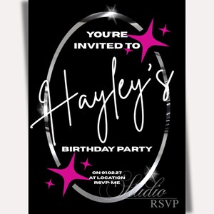 May include: A black rectangular birthday party invitation card featuring a silver oval frame, hot pink star accents, and white text that reads: YOU'RE INVITED TO Hayley's BIRTHDAY PARTY ON 01.02.27 AT LOCATION RSVP: ME. The design includes a script font.