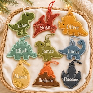 May include: A collection of nine felt dinosaur-themed ornaments in various colors including green, red, yellow, blue, and brown. Each ornament features a unique shape, a hanging string, and a white embroidered name: Liam, Noah, Oliver, Elijah, James, Lucas, Mason, Benjamin, and Theodore.