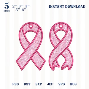 May include: Two pink glittery awareness ribbon embroidery designs with a hole at the top. Text includes 5 SIZES 2" 3" 4" 5" 6" INSTANT DOWNLOAD and file formats PES DST EXP JEF VP3 HUS. The ribbons feature a sparkling texture and dark pink borders.