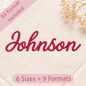 May include: A white linen napkin featuring the red embroidered name Johnson in a cursive script font. The image includes a pink diagonal banner with the text BX Format Included and a pink horizontal banner with the text 6 Sizes + 9 Formats.
