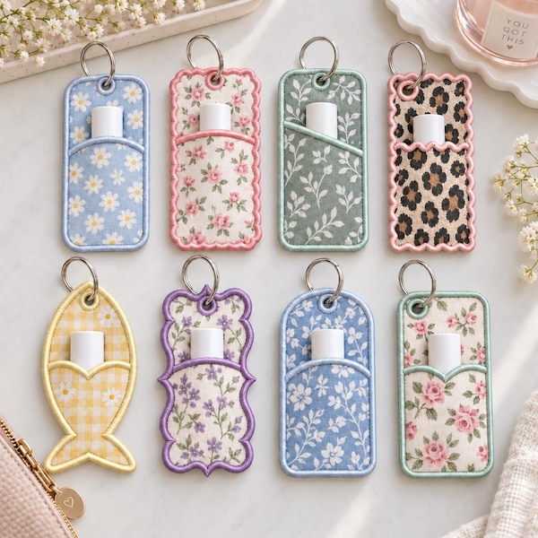 ITH Lip Balm Holder Embroidery Bundle, In The Hoop Floral Scallop Fish Key Fob Embroidery, Keychain Gift Tag Machine File, Instant Download
