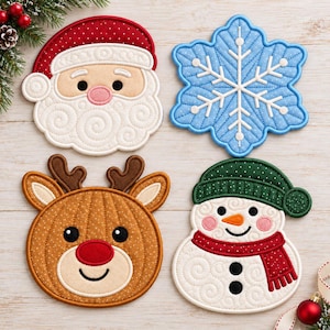 ITH Julmuggmatta Broderipaket, In The Hoop Jultomten Snögubbe Ren Snöflinga Underlägg Broderi, Matta Maskinfil, Omedelbar Nedladdning