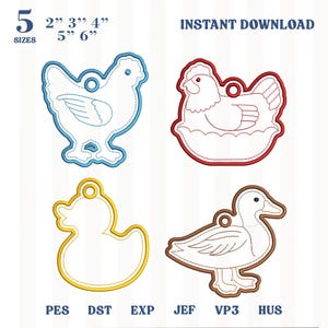 May include: Four machine embroidery designs featuring a blue chicken, a red hen in a nest, a yellow rubber duck, and a brown duck. The text reads 5 SIZES 2" 3" 4" 5" 6" INSTANT DOWNLOAD and file formats PES DST EXP JEF VP3 HUS. Each shape includes a small hole.