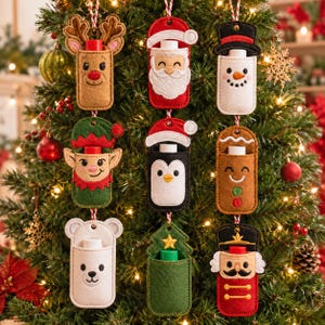 May include: A collection of nine felt lip balm holders featuring embroidered holiday characters including a reindeer, Santa Claus, snowman, elf, penguin, gingerbread person, polar bear, Christmas tree, and a nutcracker, each with a hanging loop.