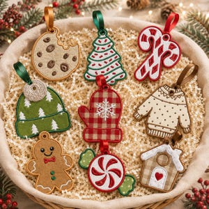 May include: A collection of nine embroidered fabric Christmas ornaments featuring a cookie, a pine tree, a candy cane, a green beanie, a red plaid mitten, a cream sweater, a gingerbread person, a peppermint candy, and a small house.