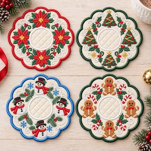 May include: Four round embroidered coasters with scalloped edges. One features red poinsettias, one has Christmas trees, one displays snowmen with red scarves, and one shows gingerbread men with candy canes. All have a quilted center.