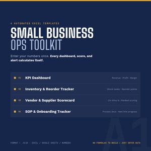 Op de afbeelding: Een digitale toolkit voor kleine bedrijfsactiviteiten met vier geautomatiseerde Excel-sjablonen. De donkerblauwe interface bevat een KPI-dashboard, voorraad- en besteltracker, leveranciersscorekaart en een SOP- en onboarding-tracker.