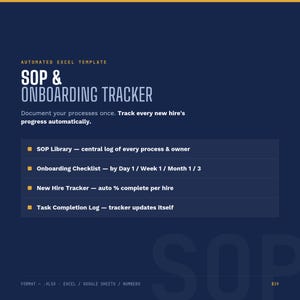 May include: An automated Excel template titled SOP & ONBOARDING TRACKER on a dark blue background. It lists features including an SOP Library, an onboarding checklist by timeframes, a new hire tracker with percentage completion, and a task log.