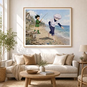 Gon & Killua Beach Art Print, Anime Wall Decor, Hunter x Hunter Fan Art, Seaside Adventure, Coastal Room Decor, Gift for Anime Lovers