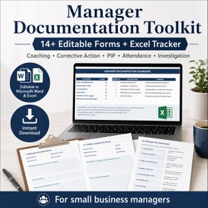 May include: A Manager Documentation Toolkit featuring 14+ editable forms and an Excel tracker. The digital product includes a laptop displaying a dashboard, printed forms like Manager Incident Notes and a Decision Guide, and a pen on a desk.