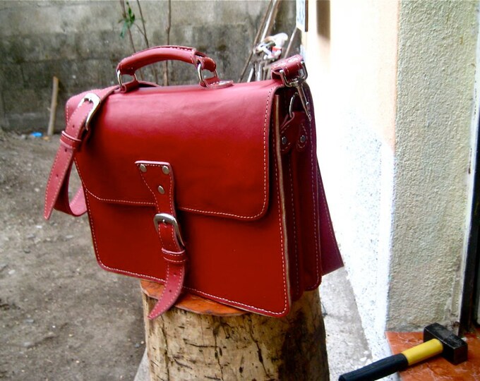 Red Leather Messenger Bag Women's Briefcase Laptop Fits MacBook Pro 15