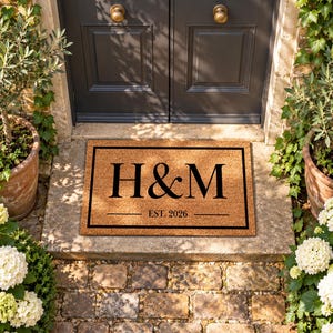 Couple Initials Doormat - Initial With Est 2026 Personalized Welcome Mat, Newlywed Gift, Custom Coir Door Mat