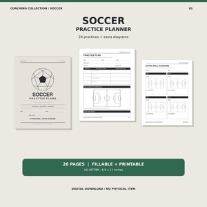 May include: A digital soccer practice planner set featuring three pages with black text and graphics on a light background. Includes a cover page, a practice plan template, and an extra drill diagrams page, all sized at 21.59 x 27.94 cm.
