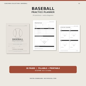 Könnte beinhalten: Ein Baseball-Trainingsplaner als digitaler Download mit 26 ausfüllbaren und druckbaren Seiten im Format 21,59 x 27,94 cm. Das Set enthält ein Deckblatt, Vorlagen für Trainingspläne mit Spielfelddiagrammen und zusätzliche Übungsdiagramme.