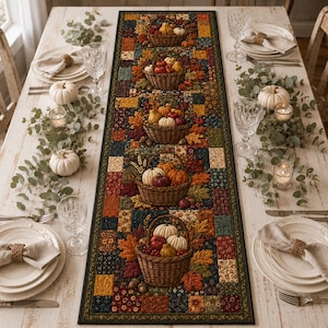 May include: A rectangular fabric table runner featuring a patchwork design in autumn colours of orange, red, yellow, and brown. The runner displays five repeating woven basket motifs, each filled with assorted pumpkins, gourds, and fall leaves.