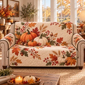May include: A cream-colored quilted sofa cover featuring a seasonal print of orange and white pumpkins, brown acorns, red berries, and multicolored autumn leaves. The fabric has a textured, stitched pattern and covers the seat and backrest.