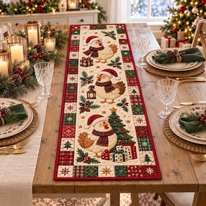 Quilted Christmas Table Runner, Snowman, Plaid, Farmhouse Holiday Decor
