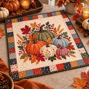 May include: A square quilted table mat featuring a central arrangement of pumpkins in shades of green, orange, cream, and purple, surrounded by autumn leaves, berries, and wheat stalks. The border consists of a patchwork of small floral and plaid squares.