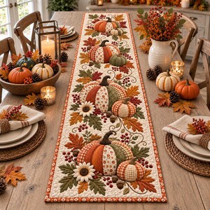 May include: A rectangular fabric table runner featuring a quilted design with appliqued pumpkins, autumn leaves, sunflowers, and berries in shades of orange, green, and cream. The runner is centred on a wooden dining table with place settings.